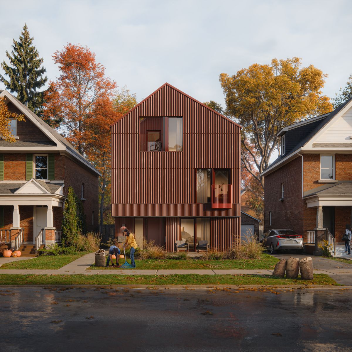 Rendu 3D d’un immeuble résidentiel de trois étages dotée d’une façade métallique rouge dans un quartier. 